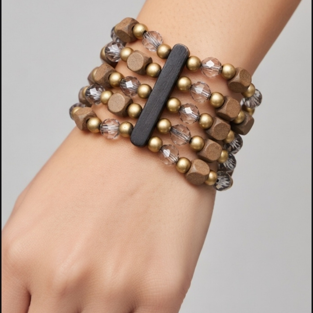 Bracelet Chunky Multiple Band Gold and Black Wood Beaded